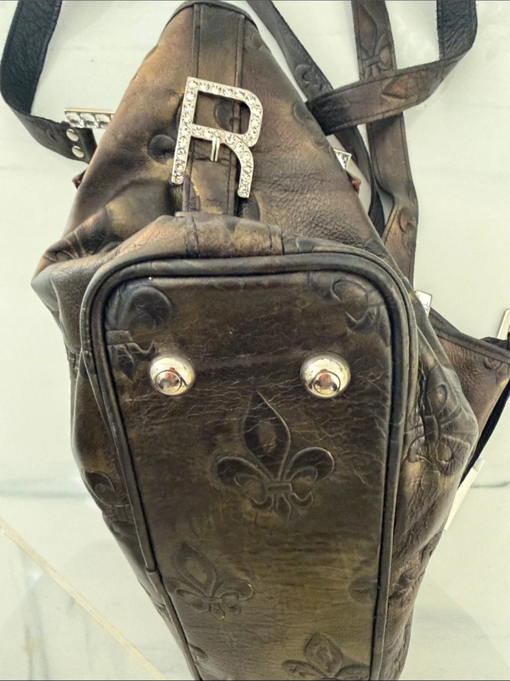 Raviani Black Embossed Satchel with Fleur-de-Lis Detail